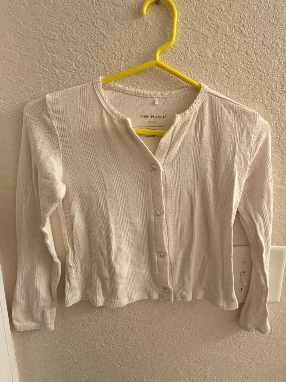 Posh Peanut White- Light Cream Pointelle Heart Button-Front Cardigan Girls 7/8Y